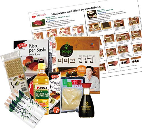 Conjunto de ingredientes e ferramentas de sushi, manual de sushi, ...